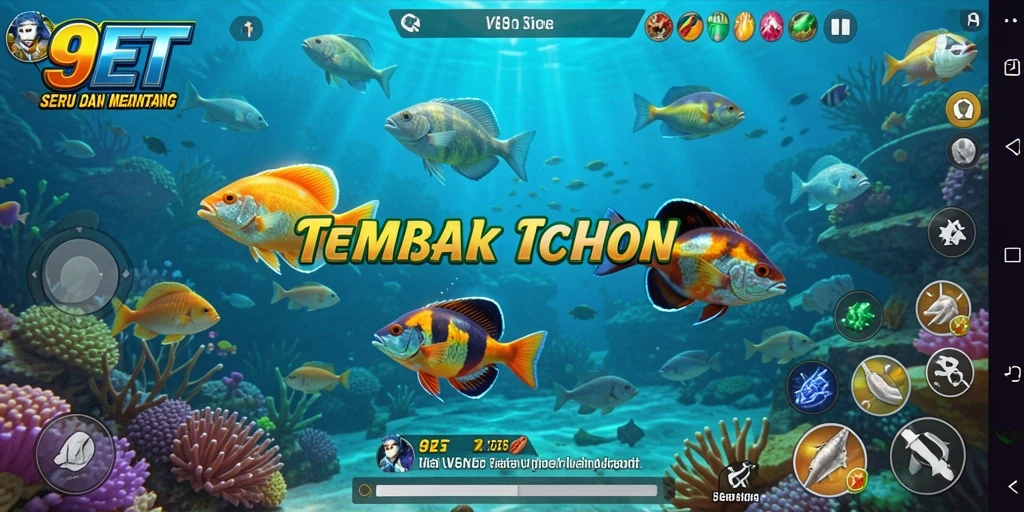 Tampilan gameplay seru di 9ET dengan menembak ikan berwarna-warni.