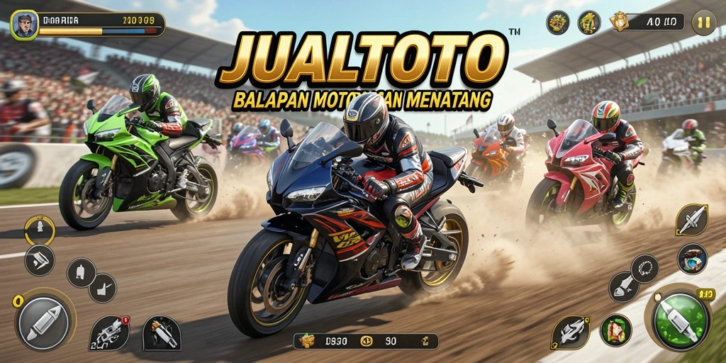 Tampilan gameplay JUALTOTO dengan balapan motor yang seru dan menegangkan.