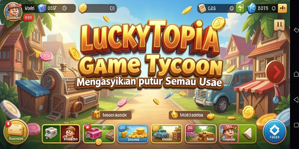 Tangkapan layar utama LUCKYTOPIA menunjukkan pemain membangun kerajaan bisnis dengan antusias.